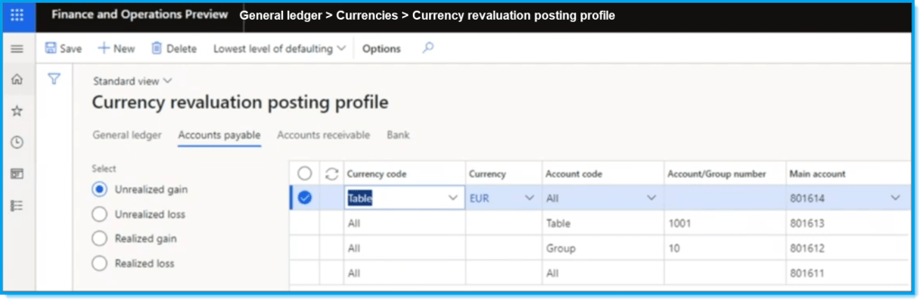 D365 Finance Currency revaluation posting profile TAB Accounts payable 1
